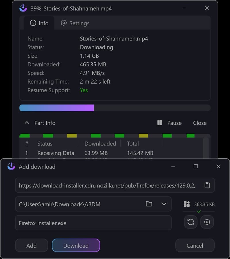 AB Download Manager 新建下载对话框：速度、进度、剩余时间与校验信息