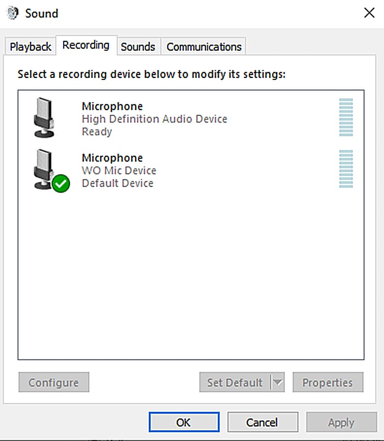Windows 声音设置的录音页：WO Mic Device 已就绪并设为默认设备
