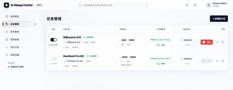 ai-goofish-monitor 任务管理界面：AI ENGINE 任务与价格区间配置