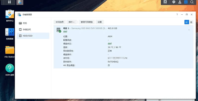 DSM 存储管理器：Samsung 860 EVO 500GB 已被识别，位置显示为 ARM