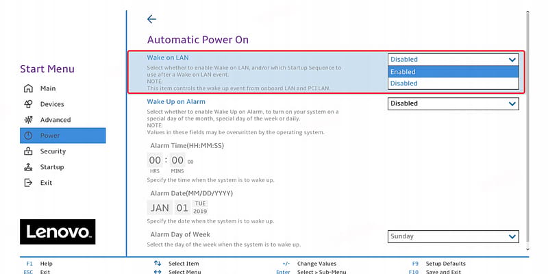 BIOS 里的 Automatic Power On → Wake on LAN:设为 Enabled 才允许局域网唤醒开机