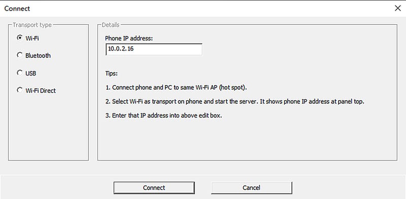 电脑端 WO Mic Client 的 Connect 对话框：左侧选传输方式，右侧填手机 IP