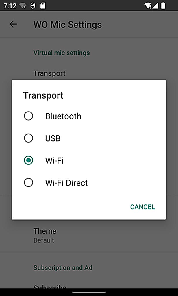 手机端 WO Mic 设置里的 Transport 选项：Bluetooth / USB / Wi-Fi / Wi-Fi Direct