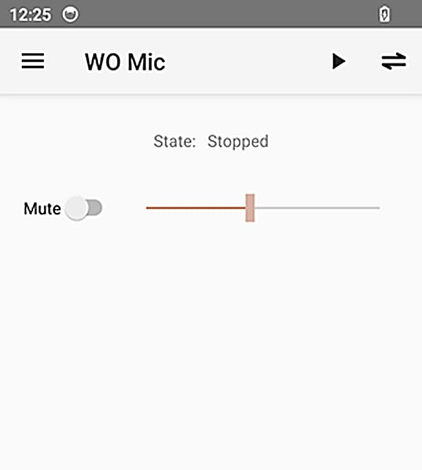 手机端 WO Mic 主界面：State 状态、Mute 开关与音量滑条