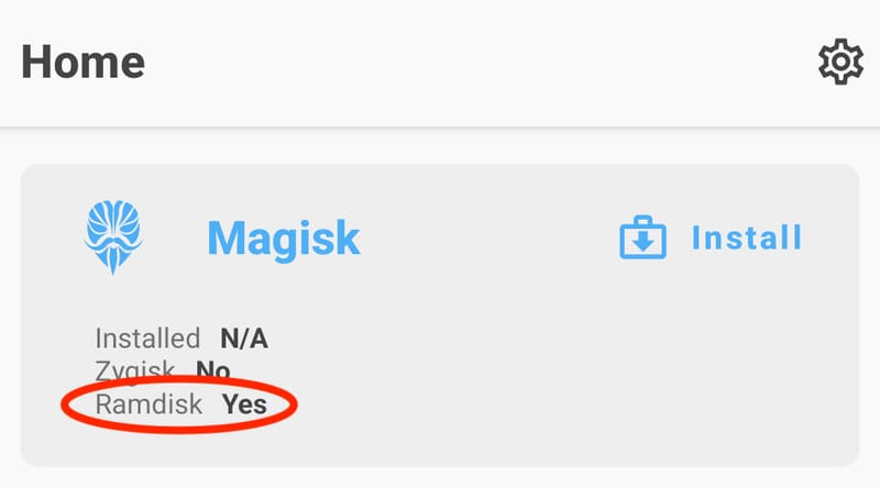 Magisk App 首页:Installed 显示 N/A,重点是 Ramdisk 一栏