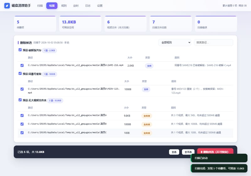 结果页：待删项 KPI 与逐条删除候选