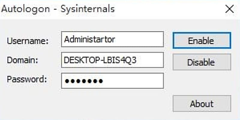 Autologon 主界面：Username / Domain / Password 三个字段，右侧是 Enable、Disable、About 三个按钮