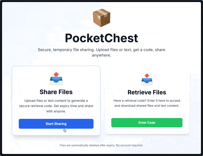 PocketChest 首页：左侧 Share Files 上传，右侧 Retrieve Files 用取件码取件
