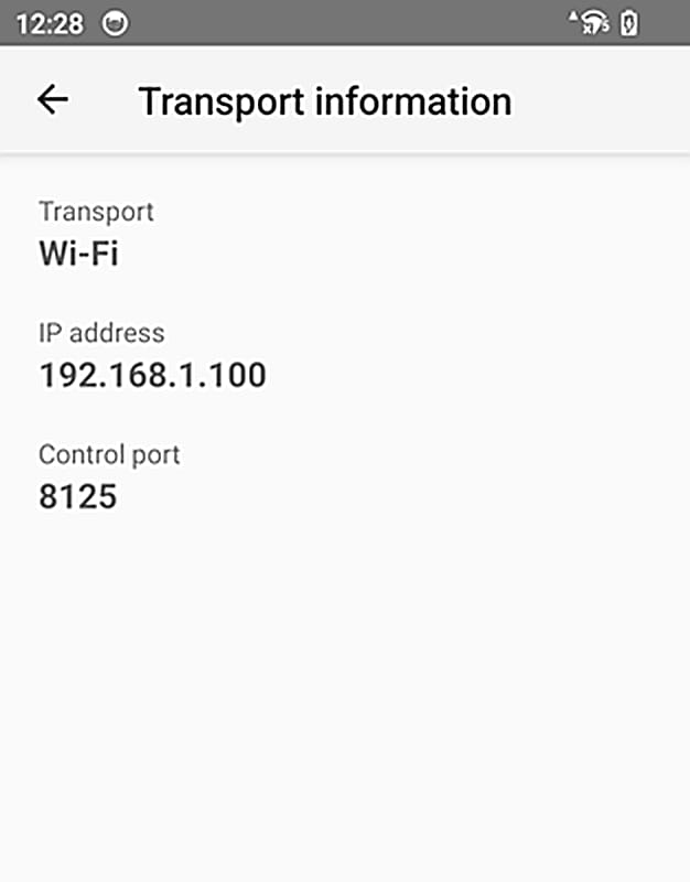 手机端 Transport information：Wi-Fi 下的 IP 地址与控制端口（默认 8125）